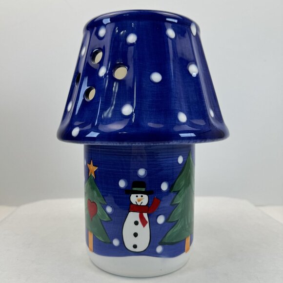 Hand-Painted Ceramic Snowman Christmas Tree Jar Candle Holder with Shade Blue Lg - Picture 1 of 13